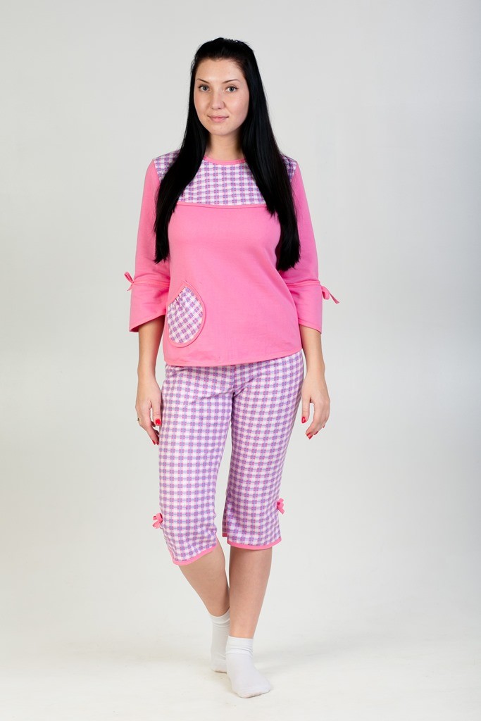 Пижама "Катя" Розовый Клетка кофта+бриджи